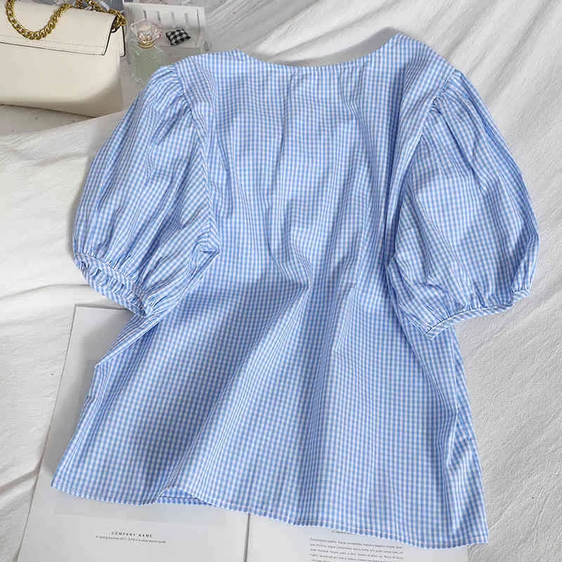 Kimutomo, blusa de manga corta abullonada, blusa de mujer a la moda con contraste de Color a cuadros, camisa de cuello redondo con doble botonadura, verano, estilo coreano Chic 210521