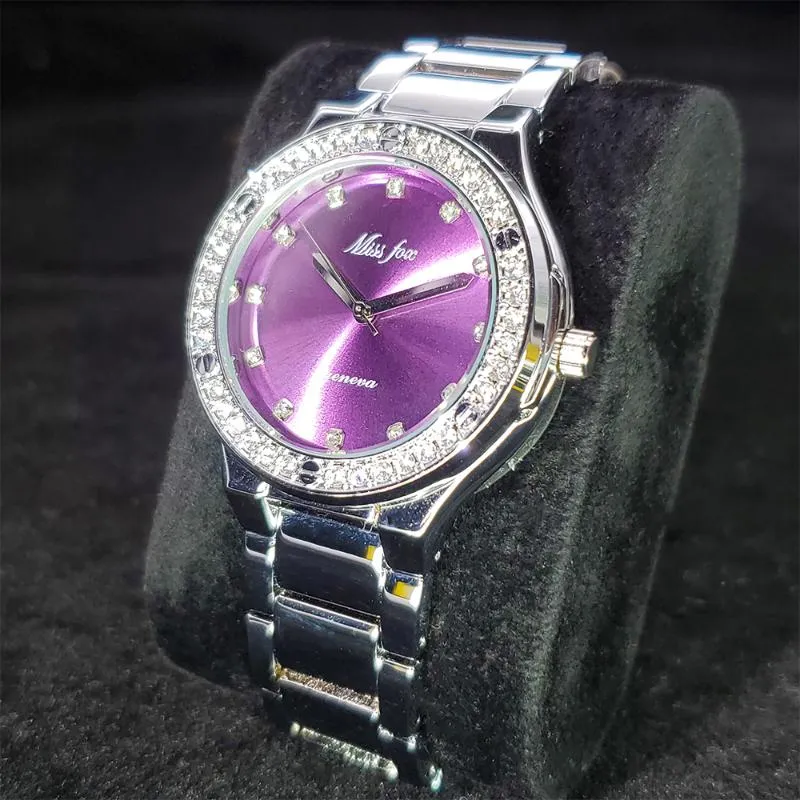 Relógios de pulso Missfox Platinum Purple Dial Ladies Watch Travel Party Pograph Relógios Mulher Presente Aço Inoxidável À Prova D 'Água Mulheres Wr3286
