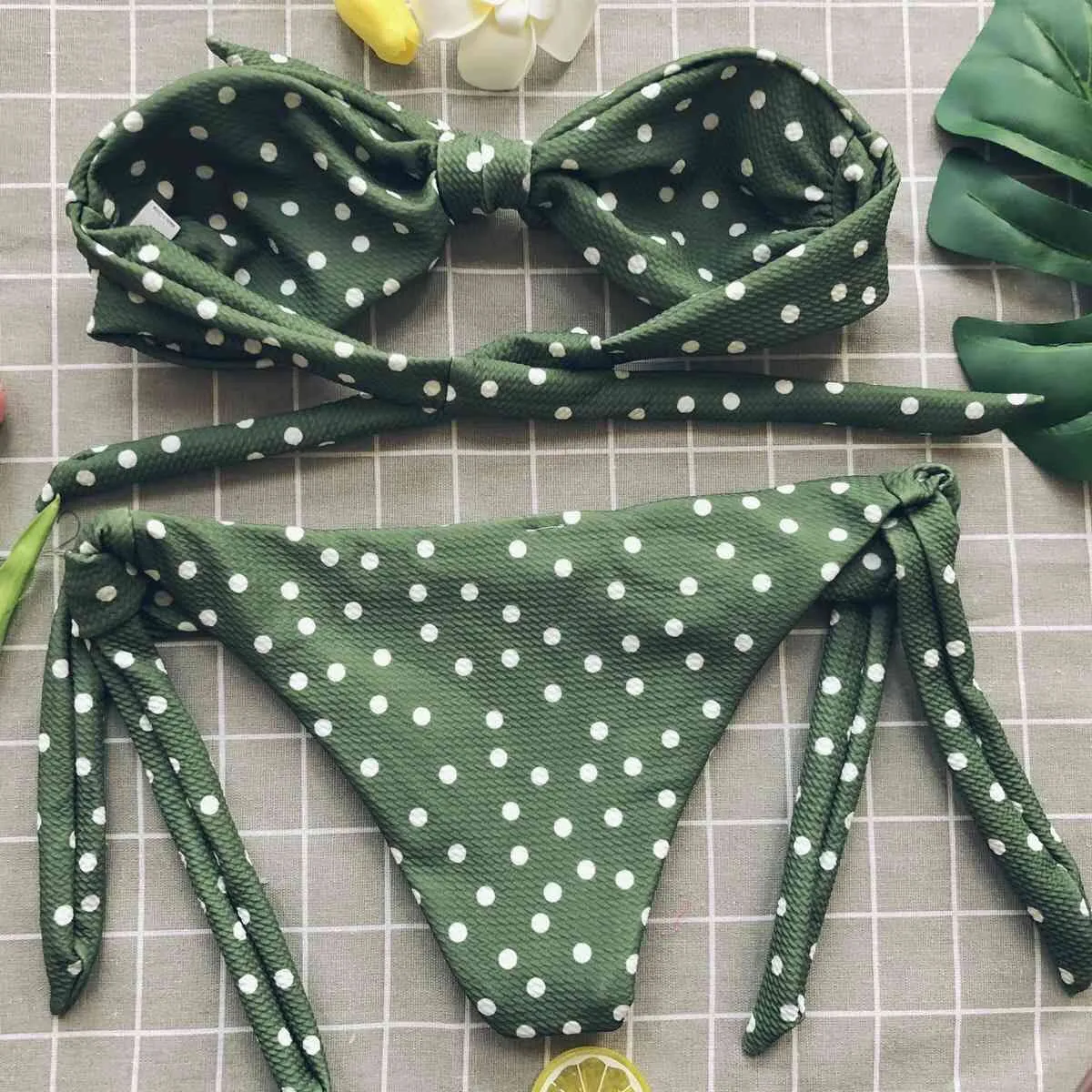 Sweet Tie Bow Dot Print Bikini Off Shoulder Push-Up Boho High Waist Swimsuit Strapless Two Piece Swimwear Beachwear 210429