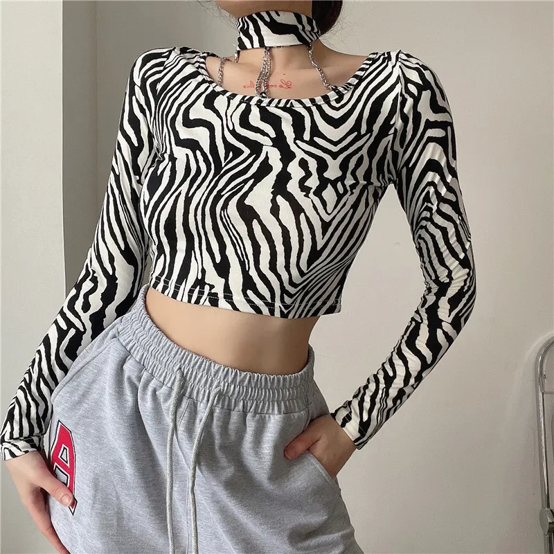 Zebra Striped Printed Cut Out Y2K Halter Crop Top Summer Fashion T-shirt T-shirt för tjejer Långärmad Tee Shirt Streetwear 210510