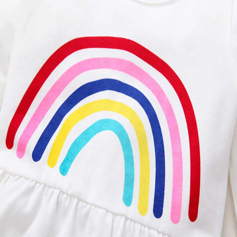 Flickor White Princess Dress Cartoon Rainbow Kläder Höst Långärmad Casual Toddler Bomull Kid Es 210611