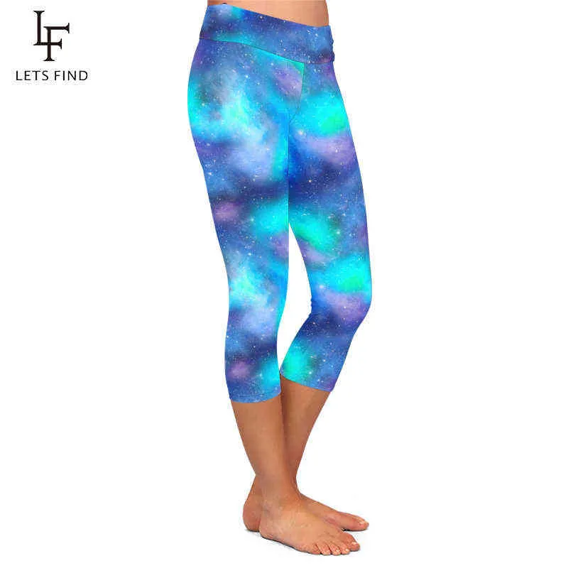 LETSFIND Plus Size Women High Waist Workout Mid-Calf Leggings Galaxy Pattern Milk Silk Print Slim Elastic 211215