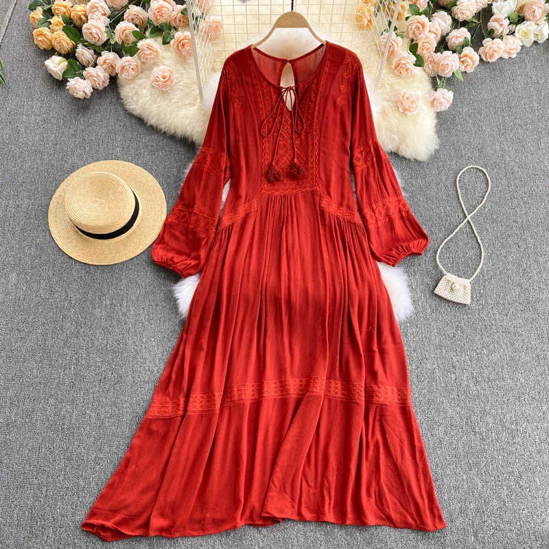 Vintage Embroidered Long Dress Women Red/Yellow/White Vestidos Female Puff Sleeve Loose Robe Ladies Vacation Beach 2021 New Y0603