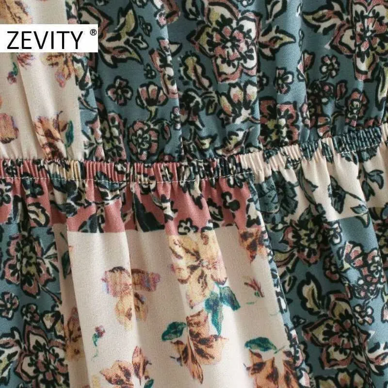 Zevity Women Vintage Koronki Agielskie V Neck Cloth Patchwork Print Casual Slim Sukienka Kobiet Rękaweres Vestido Sukienki Chic DS4503 210603