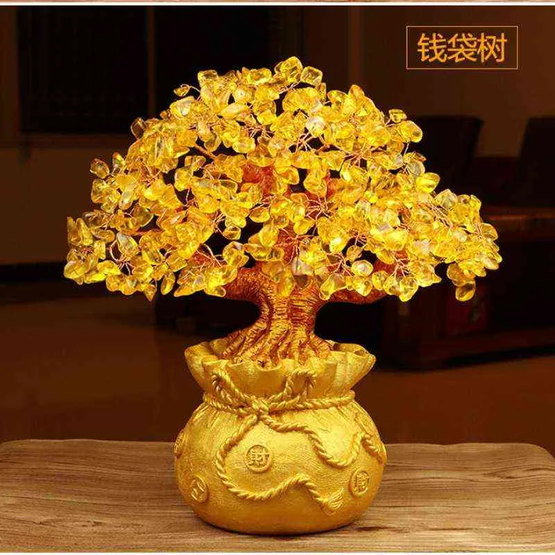 19/24 cm Lucky Drzewo Bogactwo Żółty Kryształ Naturalny Pieniądze Ozdoby Bonsai Style Luck Feng Shui Craft 211108