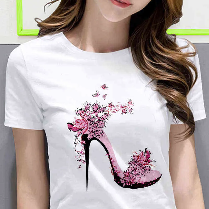 Camiseta blanca para mujer, camiseta a la moda con zapatos de tacón alto, camiseta estampada, camiseta informal de manga corta de verano para mujer, camiseta X0628