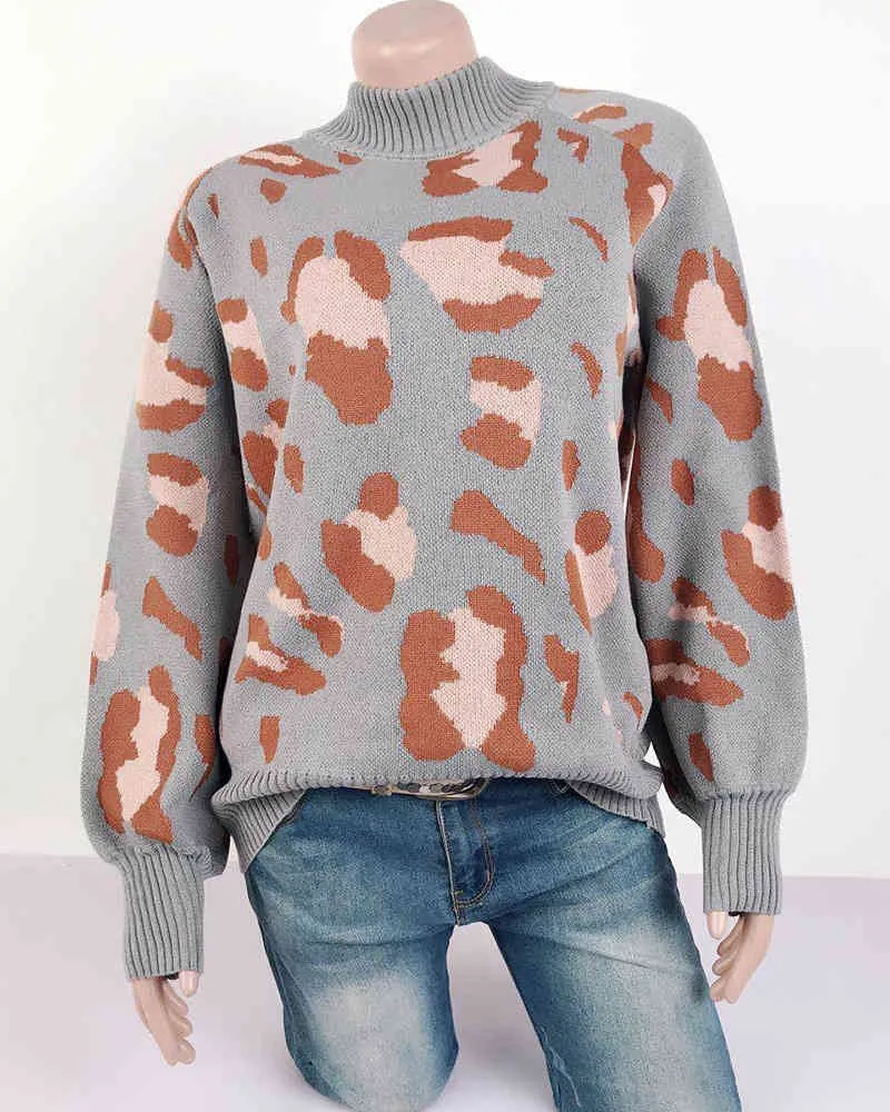pullover lavorati a maglia con stampa leopardata vintage donna autunno inverno manica lunga maglione casual oversize allentato 210427