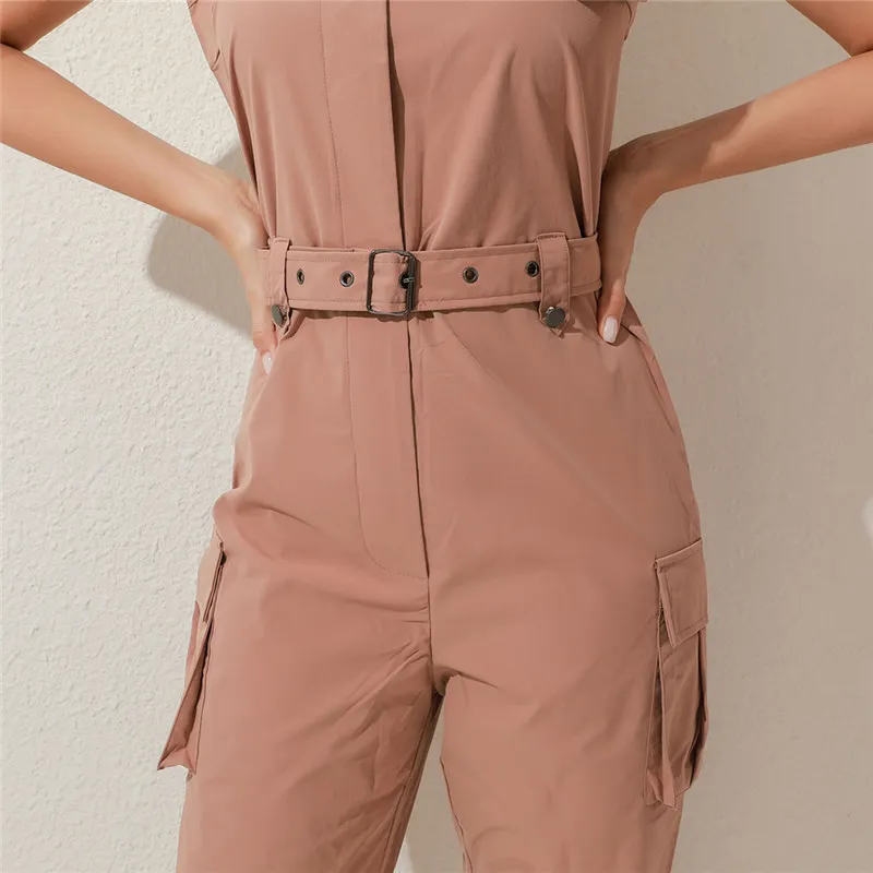 Women Casual Solid Color Jumpsuit Summer Deep V Neck Button Shirt Overalls Short Sleeve Office Lady One Piece Romper Belt XL