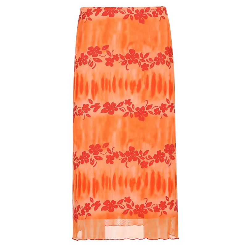 Orange Floral Tie Cravate Type Print Y2K Long Jupes Pour femmes 2021 90s Esthétique Mignon Kawaii Mesh Mid-Colfe De Plage Jupes pour les adolescentes X0428