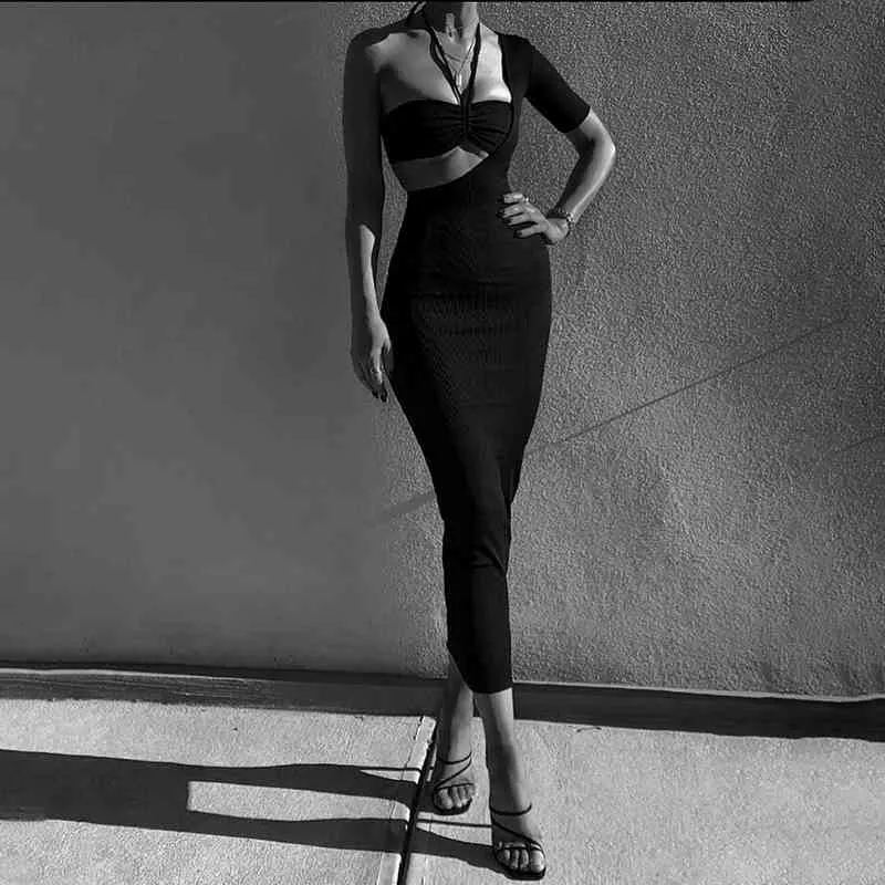 Femmes une épaule mode Maxi robe Sexy à manches courtes évider noir célébrité piste fête Club robes été 210517