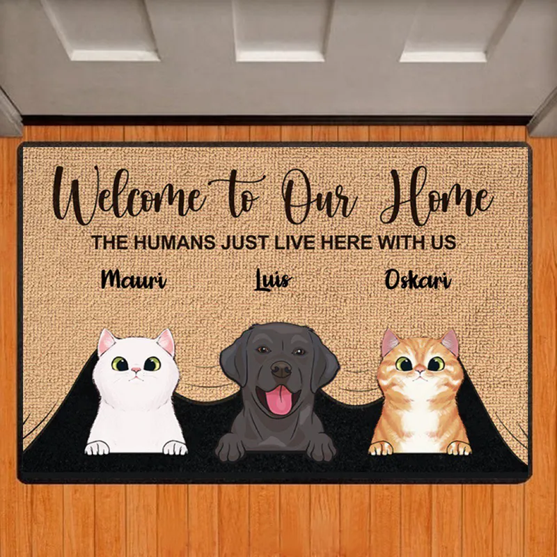Willkommen in unserem Zuhause, individueller Fußmatten-Teppich mit Hunde- und Katzennamen, personalisierte Fußmatten, Teppich, alle Farben, Dekorationszubehör 220301