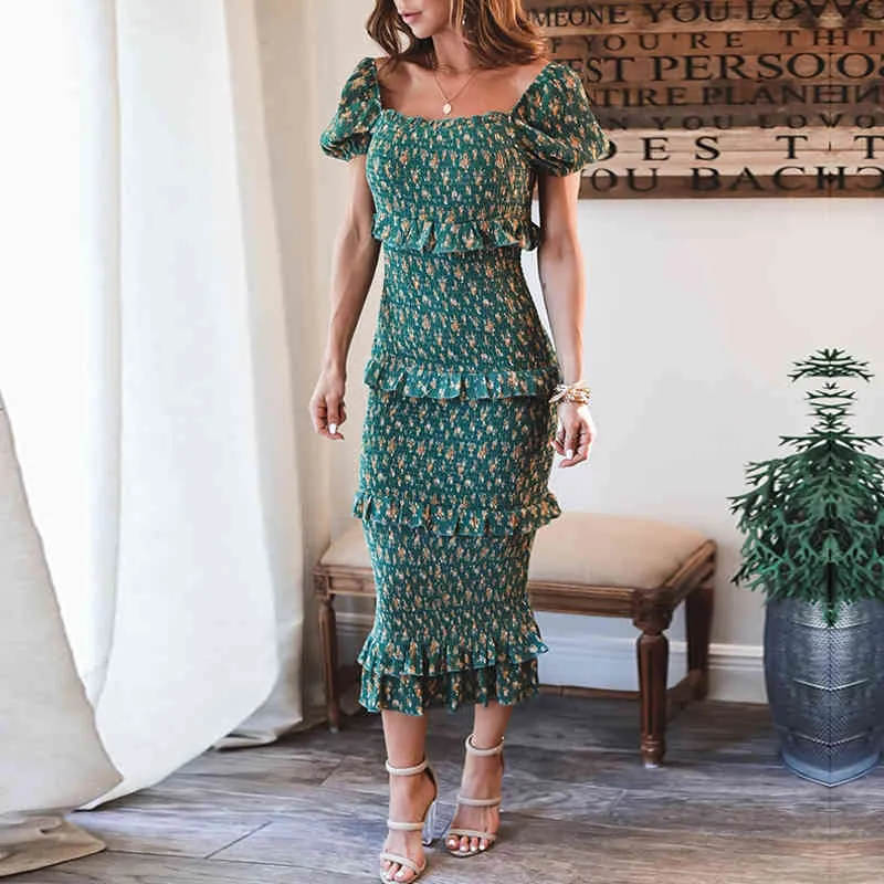 Summer Boho Floral Print Dress Women Ruffle Green Bodycon Long Beach Holiday Elastic Elegant 210427