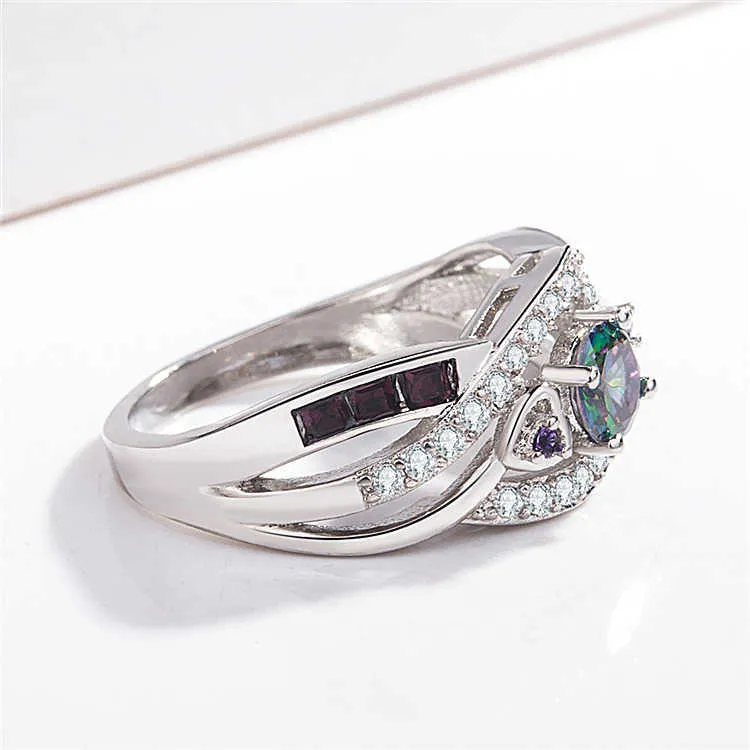 Bagues pour femmes bijoux en cristal coeur améthyste bague sept arc-en-ciel zircon plaqué or blanc argent grappe pour les styles de bande féminine