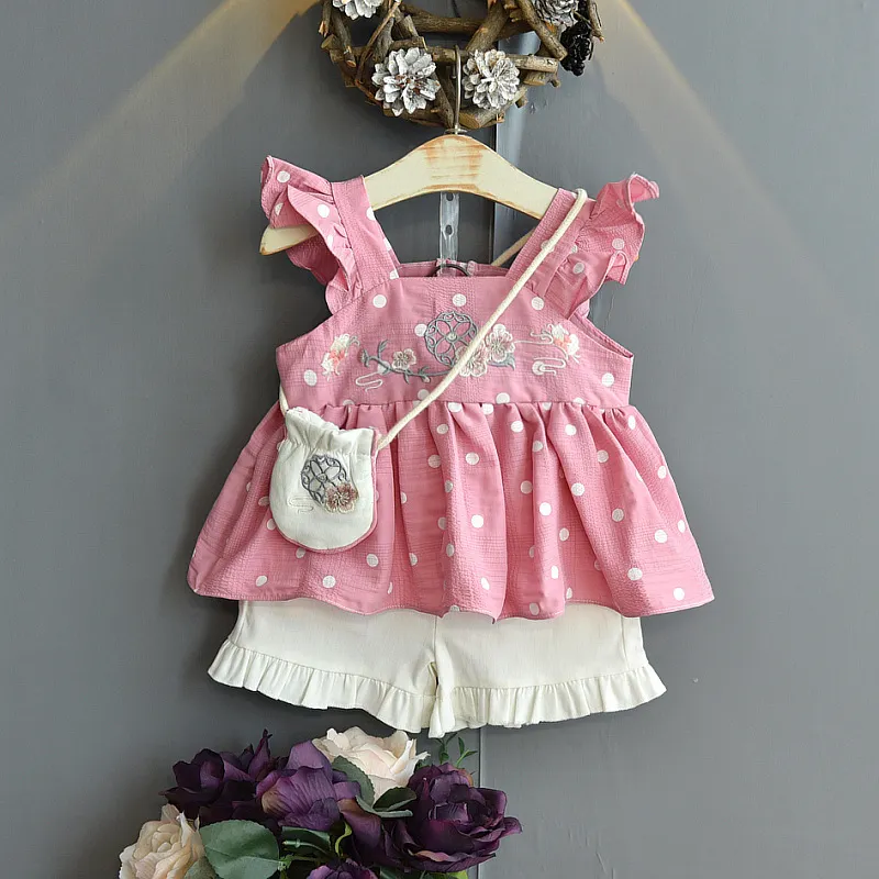 Sleeveless Girls' Clothes Set Summer Baby Girl Fashion Polka Dot Printed Sling Top With Shorts Free Bag 210515