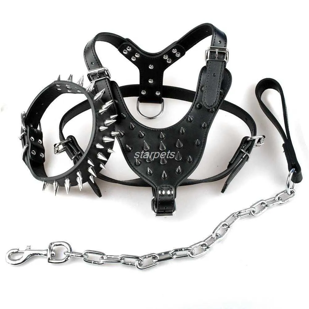 Cooles Hundegeschirr aus Leder mit Spikes und Nieten, Halsband und Leine im Set für mittelgroße und große Hunde, Pitbull, Bulldogge, Bullterrier, 26 Zoll 349605111