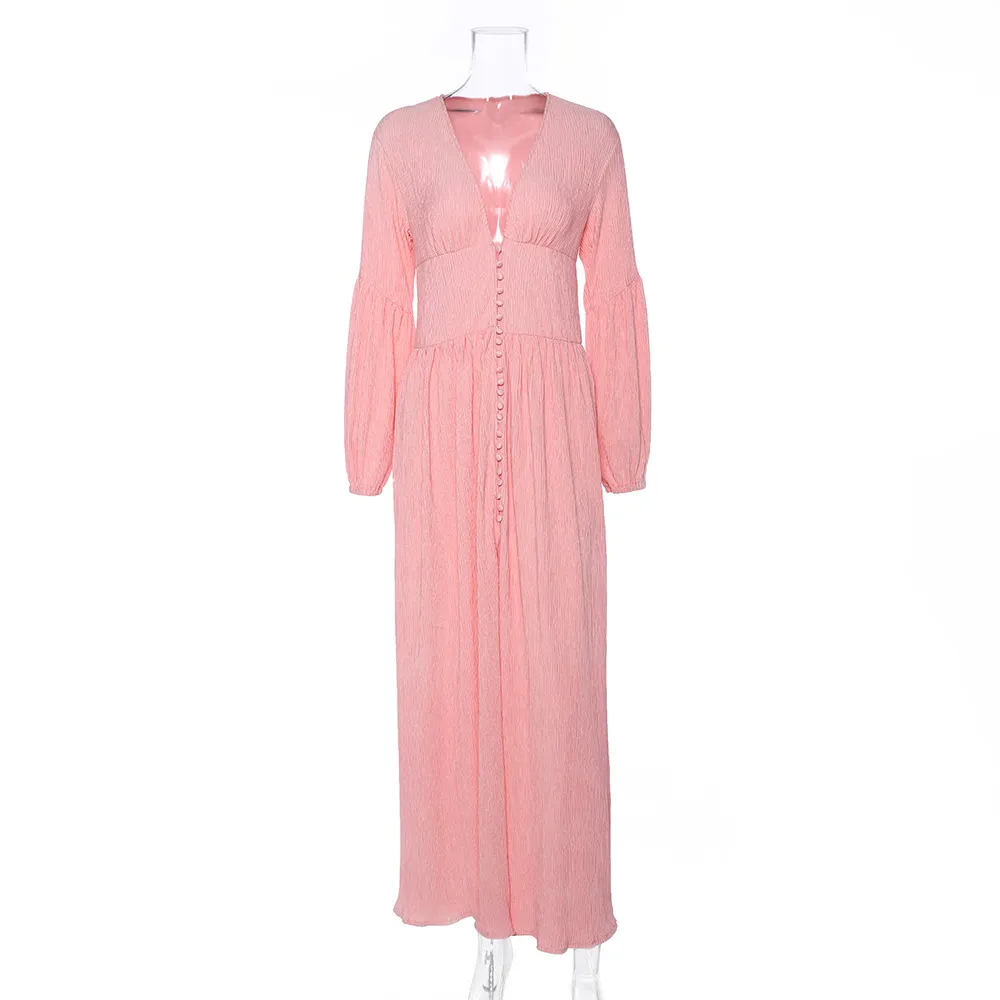 Bouton de causalité Spring Sutumn Robe à manches longues Vintage Deep V Cou Maxi Robe Drop White Beach Boho 210427