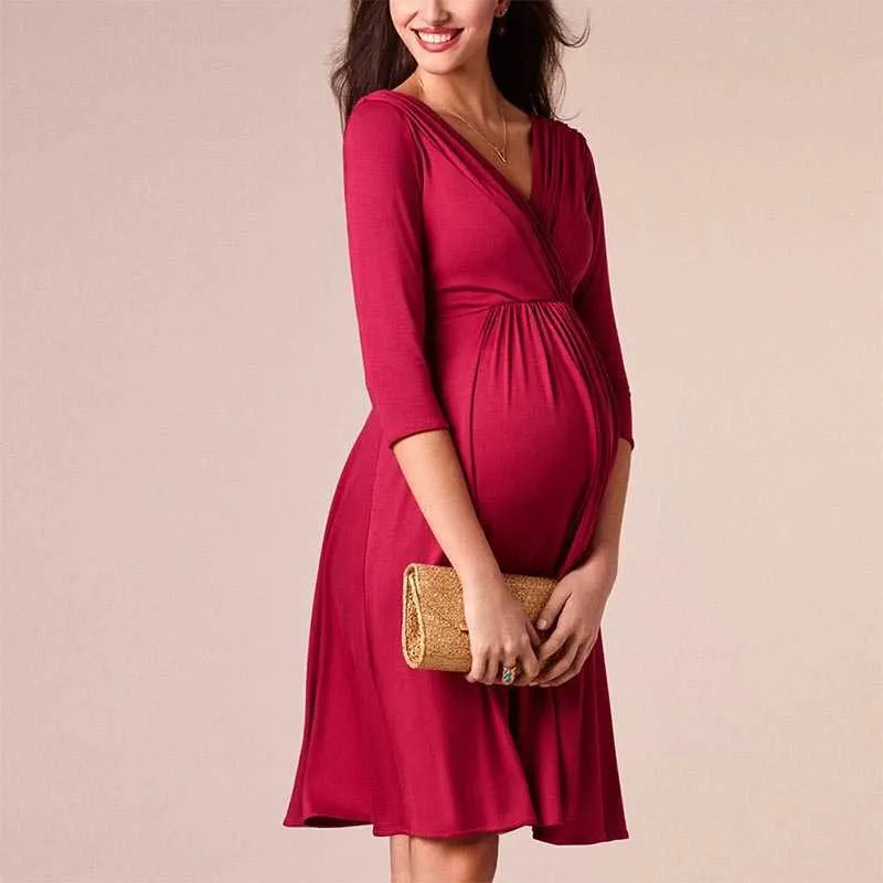 母乳育児のドレス妊婦のための母性服服ソリッドVネック妊娠ドレスマザーウェアイブニングドレス