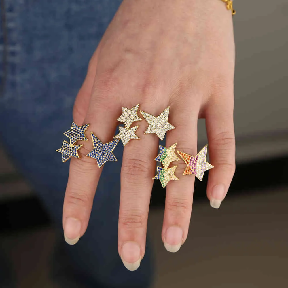 arrived Gold color blue rainbow white clear CZ zirconia delicate big star sun burst open adjust knuckle women jewelry ring