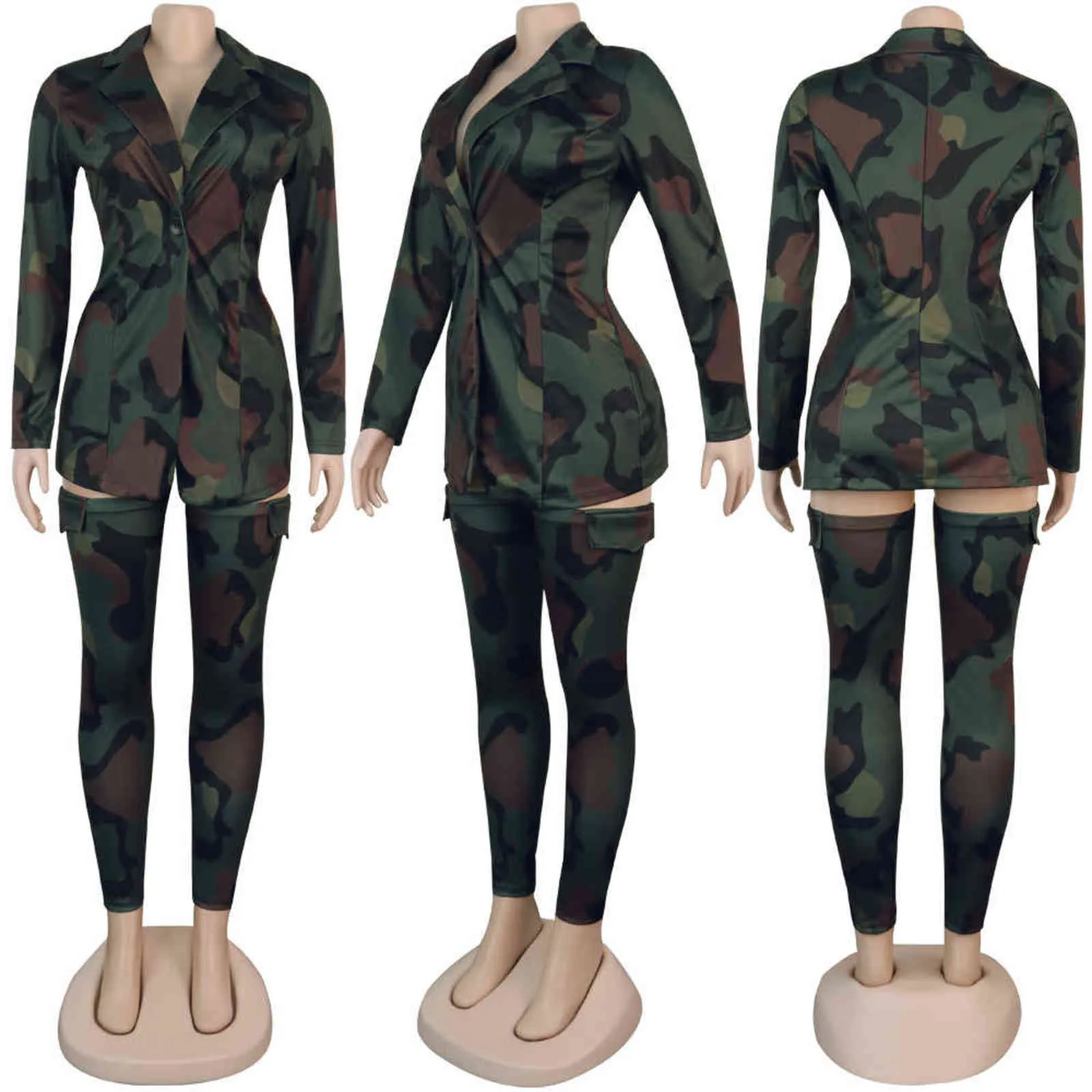 Leopard Camo Plus Taille Vintage 2 pièces Outfit Femmes Blazer à manches longues Top + Chaussettes longues Sweatsuits Automne Hiver Matching Set Costume 211105