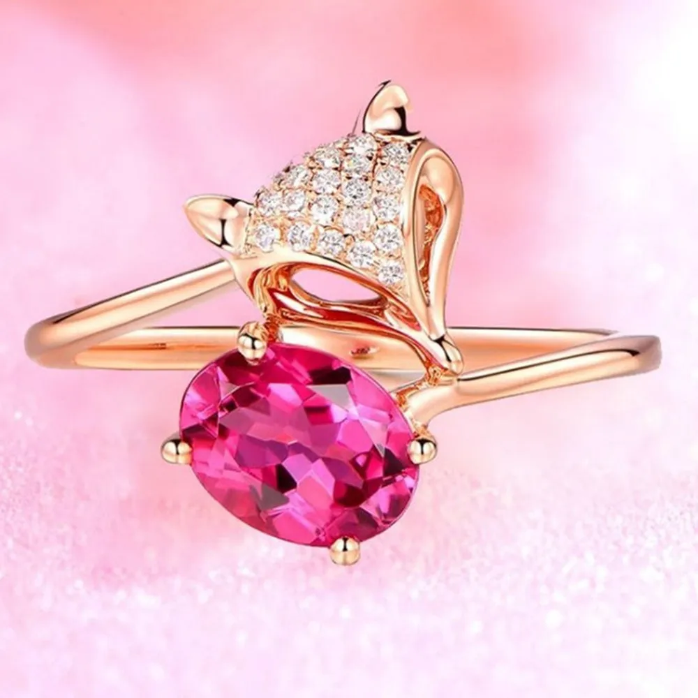 Fox Red Crystal Ruby Gemstonesリングの女性のためのリングのための彼女のローズゴールドジルコンダイヤモンド甘いロマンチックなジュエリーパーティークリスマスプレゼント
