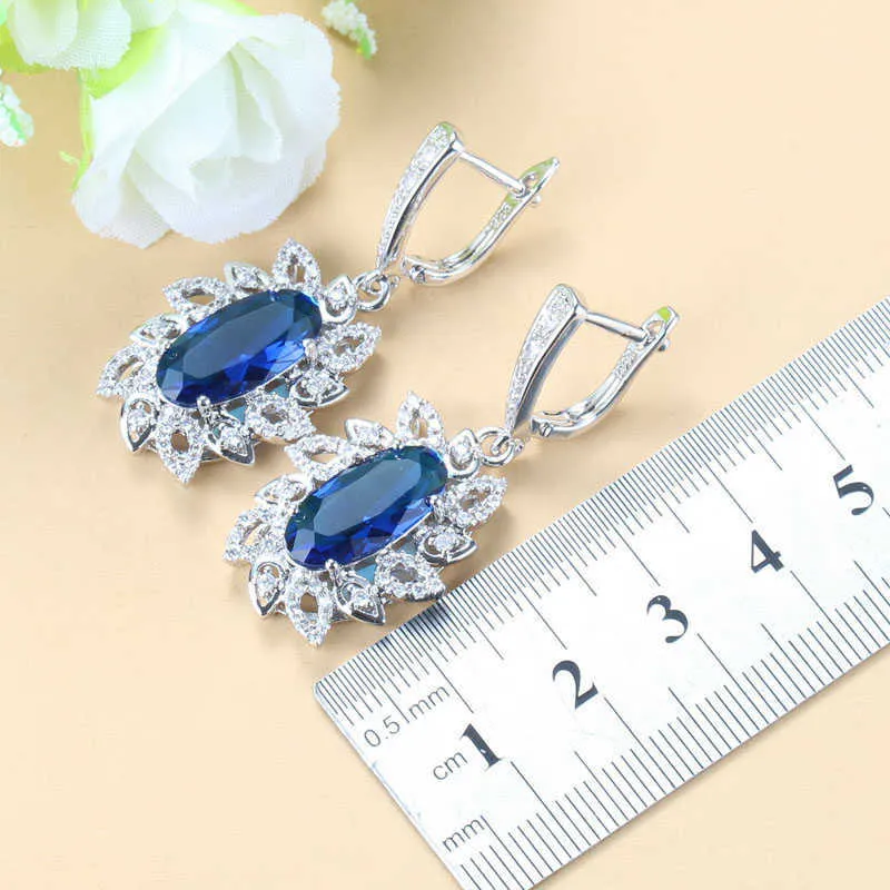 자연석 CZ 블루 매달려있는 귀걸이와 신부 의상 보석 세트 팔찌 및 여성을위한 반지 H1022