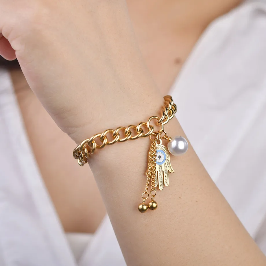 Evil Eye Hand of Fatima Bracelet Bangles Fashion Gold Color Stainless Steel Charm Bracelets Women Jewelry Braclets 2019254R