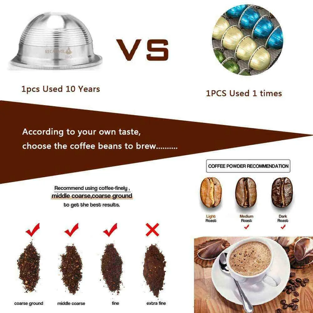 Big tasse capsulas capsulas recroyables nespresso vertuoline vertuo acier inoxydable filtre de café rechargeable gousses réutilisables 210331263E