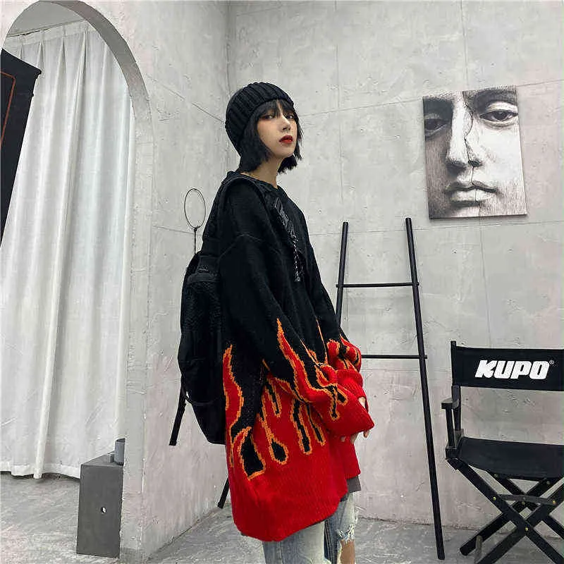 Insgot Harajuku Oversize Black Swetry Gothic Punk Flare Sweter Graficzny Sweter Streetwear Grunge Z Długim Rękawem Dzianiny Swetry Y1110