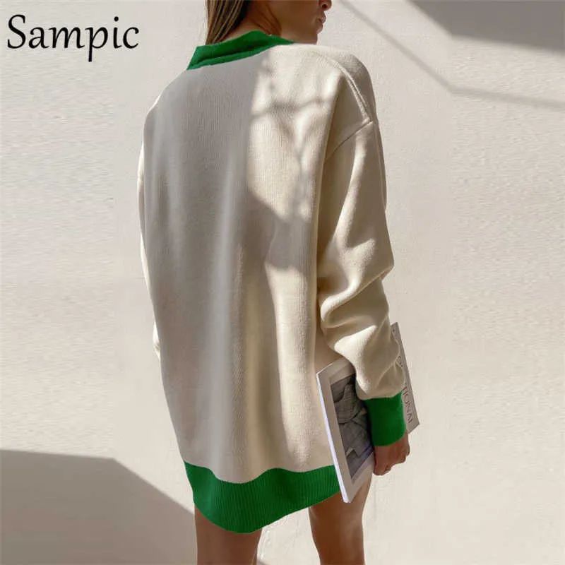 Sampic Losse Patchwork Knitwear Winter Dames Cardigans Tops Oversized Lange Mouw Y2K V-hals Sweater Casual Fashion 210914
