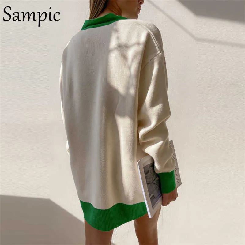 SAMPIC LOUS PATCHWORK KNITTWEAR Vinter kvinnor Cardigans Tops Oversized Långärmad Y2K V Neck Sweater Casual Fashion 210914