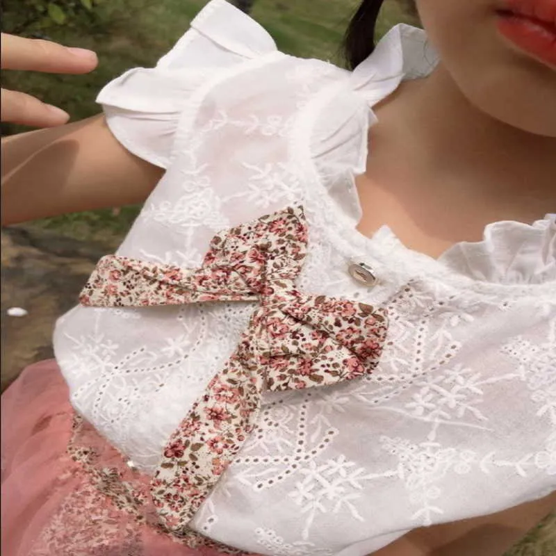 도매 여름 여자 2-PCS 민소매 활 화이트 탑 + 꽃 스커트 키즈 옷 복장 E1024 210610