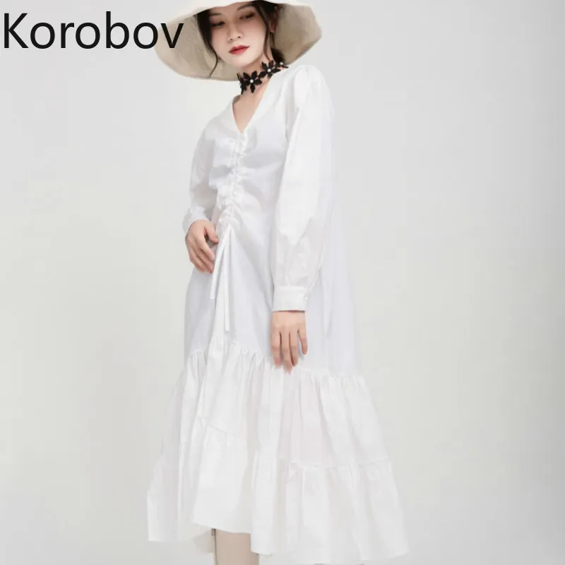 Коробов модной уличной одежды сплошные V-образные женские платья корейские рухнутые оборками с длинным рукавом платья Femme Harajuku A-Line Vestidos 210430