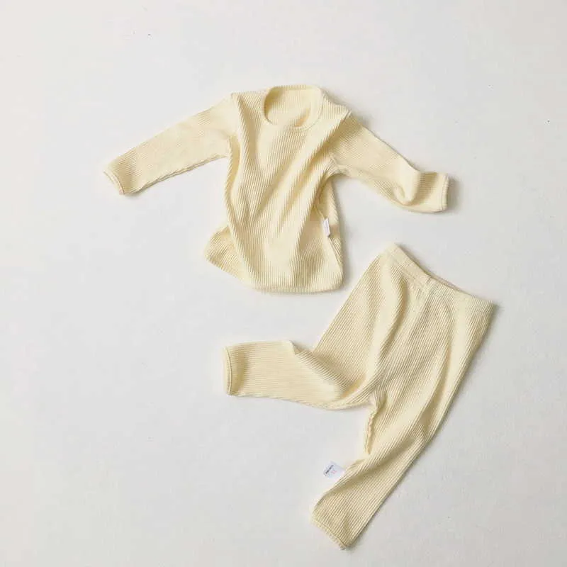 Spring Baby Pajamas Knitting Waffle Long Sleeve Cotton Homewear Girl Boy Oufits Clothes E2419 210610