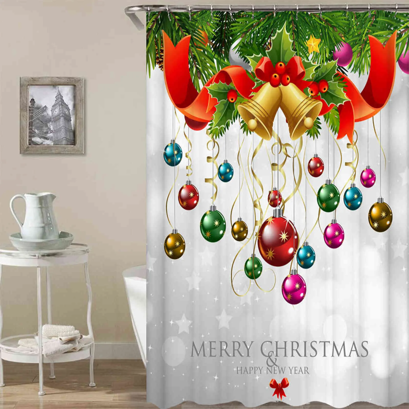 Noel baskılı duş perdesi su geçirmez hızlı kuru duş perdesi banyo için kanca dekor hediyeler ev 150x180 cm 211116