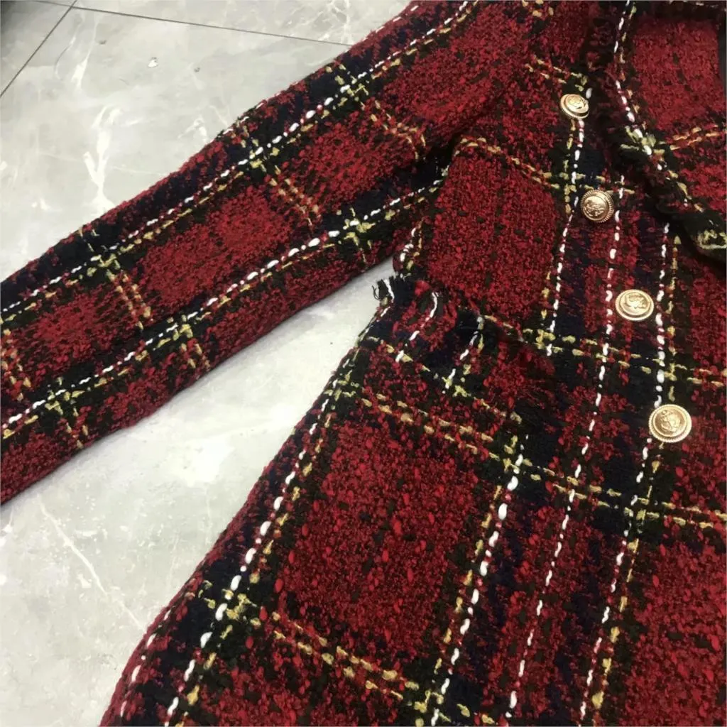 Winter Vintage roter Tweed-Blazer Damen karierter Mantel Vintage dicker Büroanzug Jacke Sprint Damen Blazer und Jacken 210330