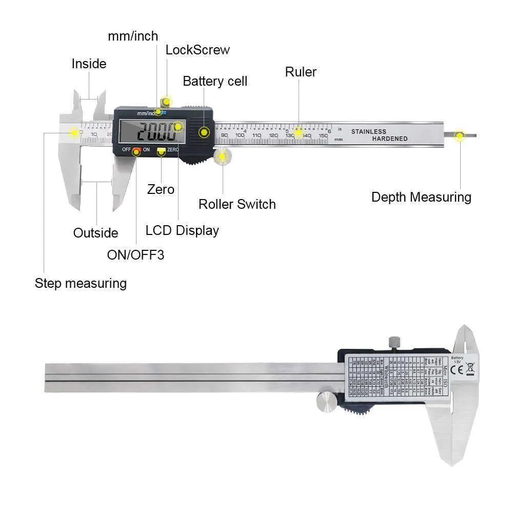 Hohe Qualität 0-150mm Messwerkzeug Edelstahl-Bremssattel digitales Vernier-Messgerät Mikrometer Paquimetro Messchieber 210810