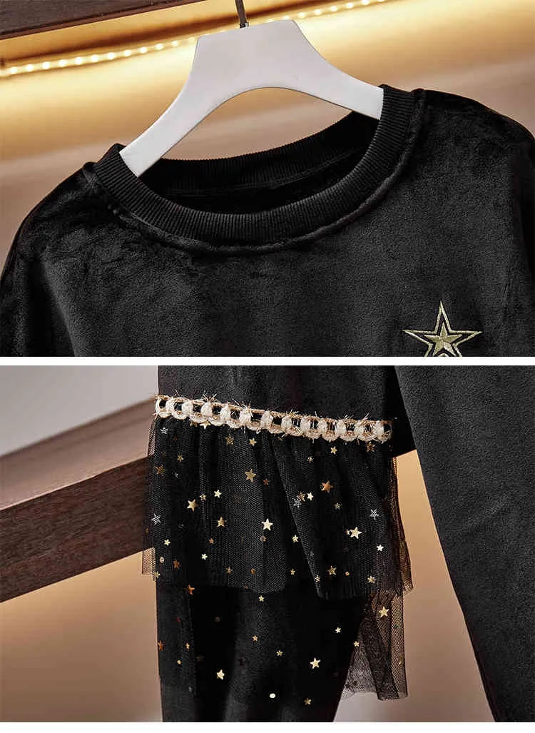 M-4XL Women Black Velvet Crewneck Bluza Swetry Zimowe Odzież Mesh Wzburzyć Patchwork Z Długim Rękawem Koreański Topy 210428