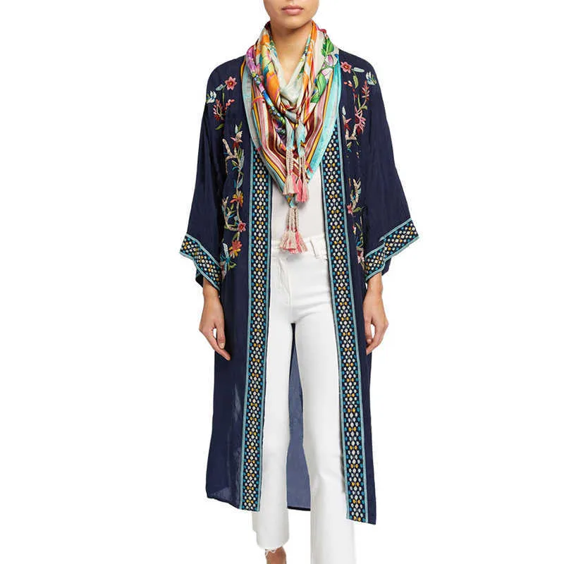 Kwiatowy Haftowany Front Open Długi Kimono Cardigan Plus Size Navy Blue Tunic Kobiety Topy i Bluzki Koszule Q11 210722