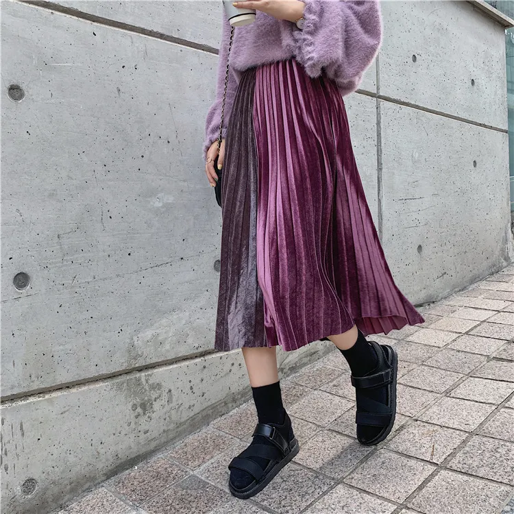 Tendência de outono coreia de veludo costurando saias plissadas palmel elegante magro longo a-linha Mid-bezerro retalhos mulher 210420