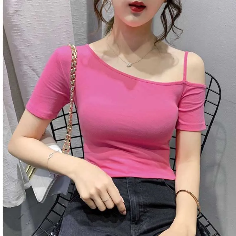 summer woman tshirts irregular off-shoulder short-sleeved tops design sense tight-fitting stretch sexy slim fashio 210604