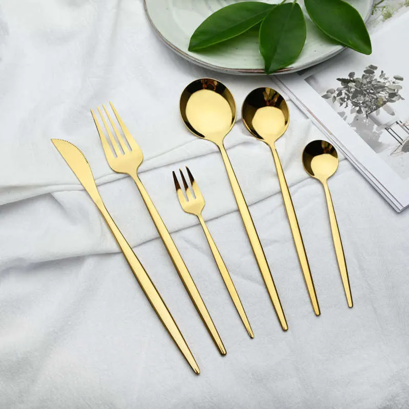 Gold Dinnerware Cutlery Knife Cake Fruit Fork Coffee Spoon Flatware Silverware Stainless Steel Party Tableware 210928