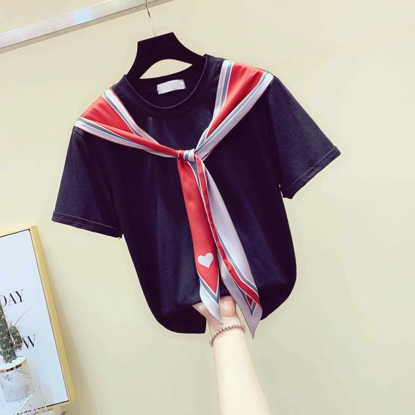 Summer Korean Casual Fashion Loose Silk Scarf Szycie Koszulka Elegancki styl Krawat Krótki rękaw Kobiety 210615