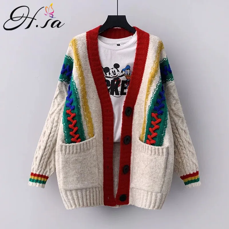 H.SA Dames Spring Cardigans V-hals Off Shoulder Oversized Sweater Jas Rood Twisted Gebreide Lange Jas Lolita Tops 210417