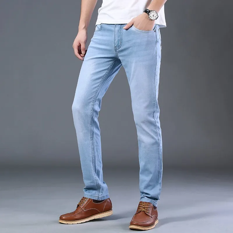 Sulee Top Classic Style Uomo Ultra-sottile Business Casual Jeans elasticizzati blu chiaro Pantaloni maschili di marca