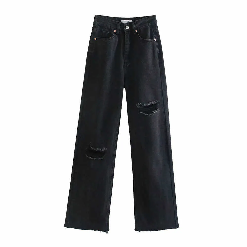 Bbwm mulher jeans cintura alta roupa de sarja de denim azul rua streetwear qualidade vintage moda buraco harajuku calças retas 210629