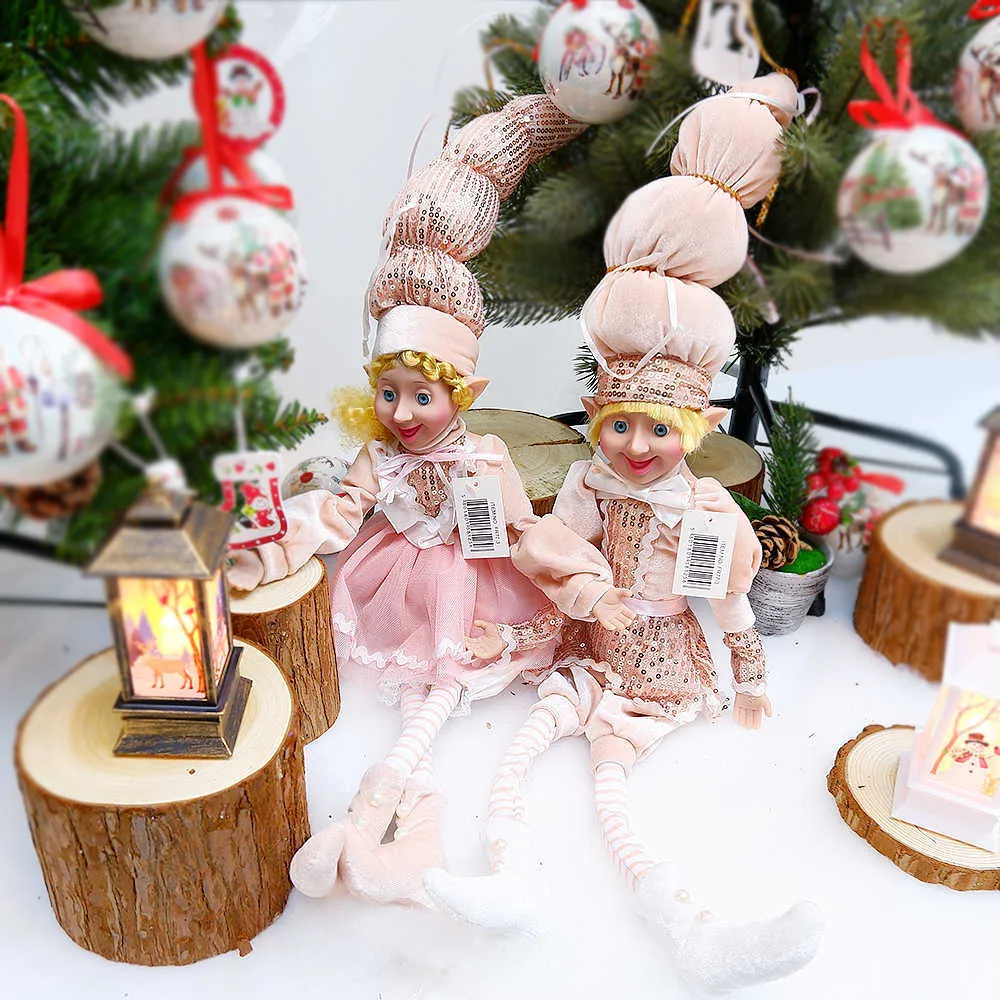 Rosa Elf Paar Plüsch Puppen Stofftiere Weihnachtsbaum Anhänger Tropfen Ornamente Hängende Dekoration Jahr Geschenke für Kinder Kinder 211018