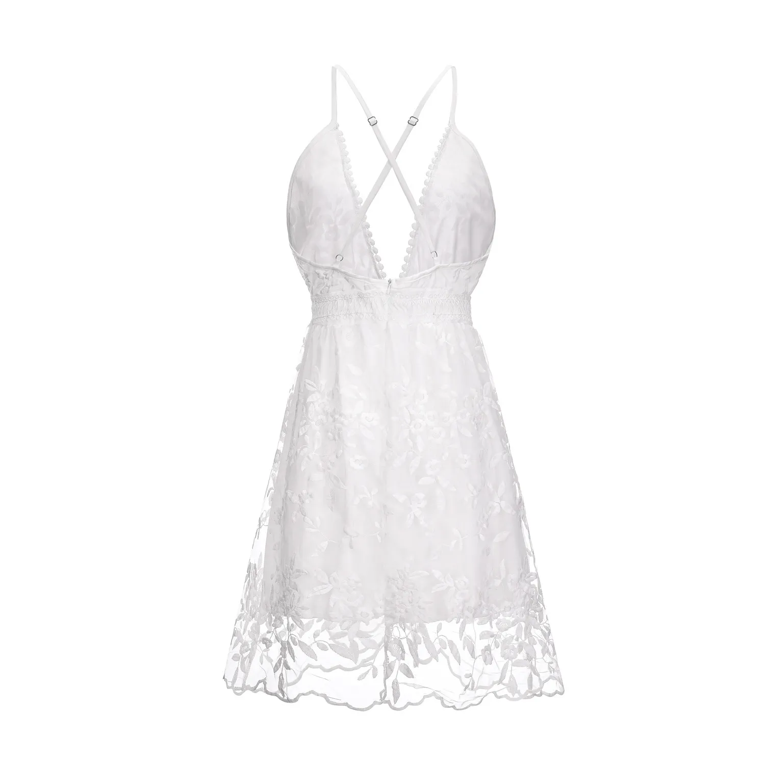 Mode blanc broderie robe florale femmes dos nu Tulle maille court Chic Boho plage Style été Mini Vestido 210427