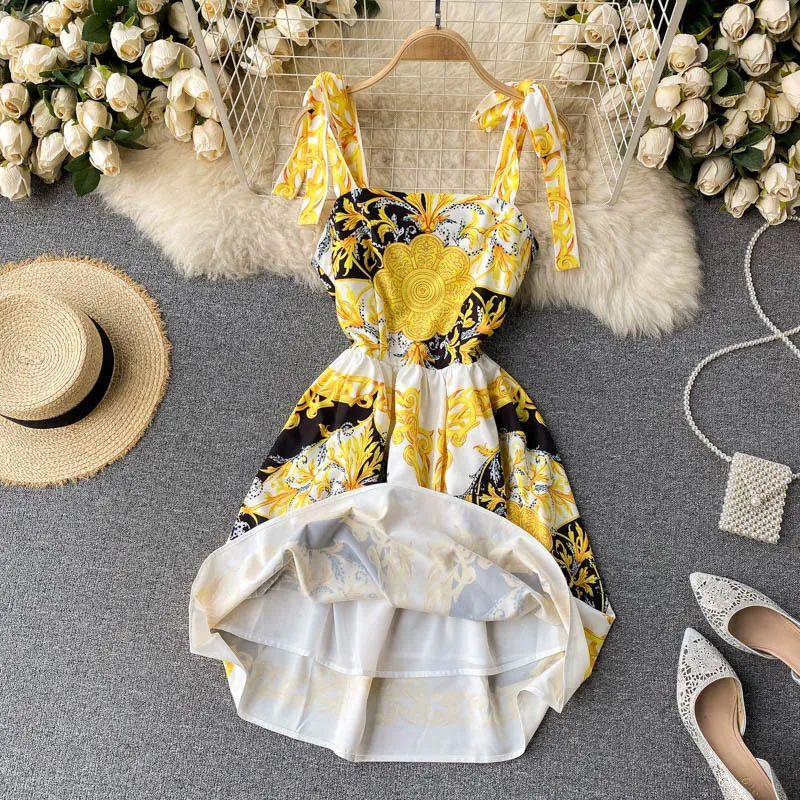 Zomer mini jurk vrouwen slanke een lijn bodycon jurken dames vintage bloemen gedrukt bandage party elegante sexy robe 210525