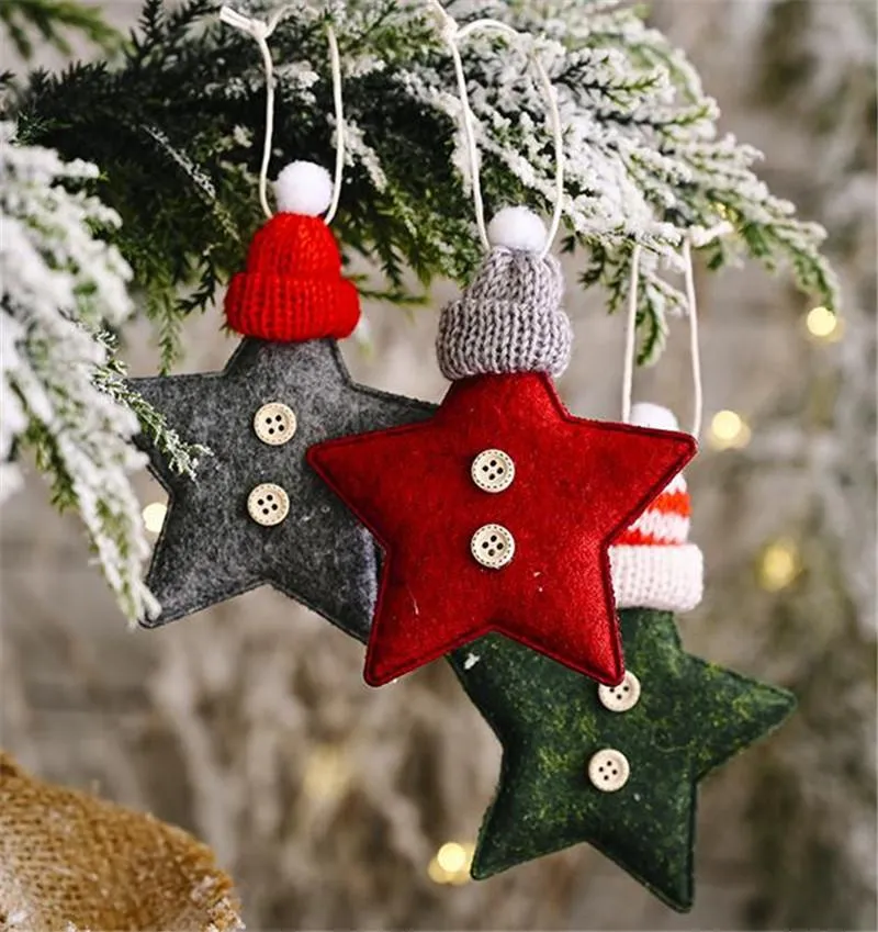 Ornements d'arbre de noël, chapeau tricoté, pendentif d'arbre étoile à cinq branches, décorations de noël environ 10x13cm, 3 couleurs