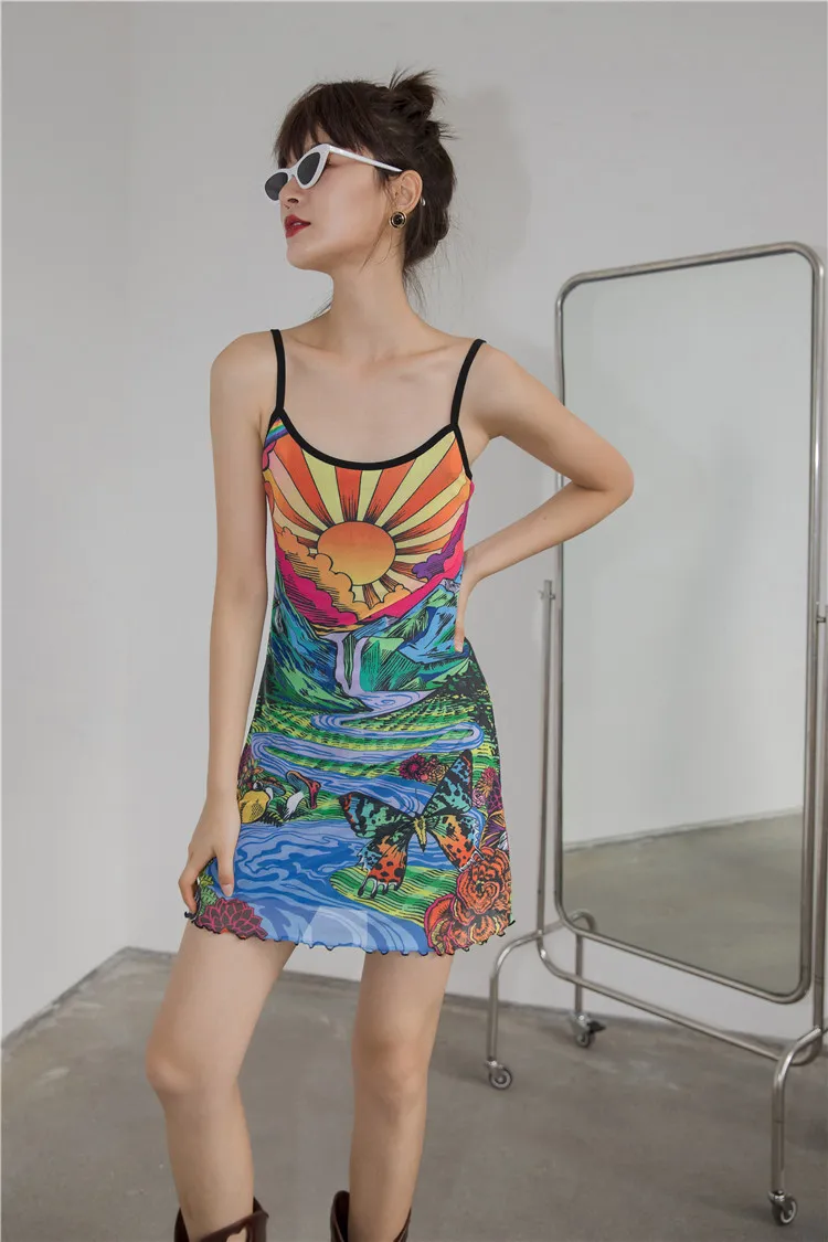 Sunshine Mountains Colorful Mesh Slip Dress Women Backless Spaghetti Strap Mini Bodycon Holiday Summer Fashion 210427